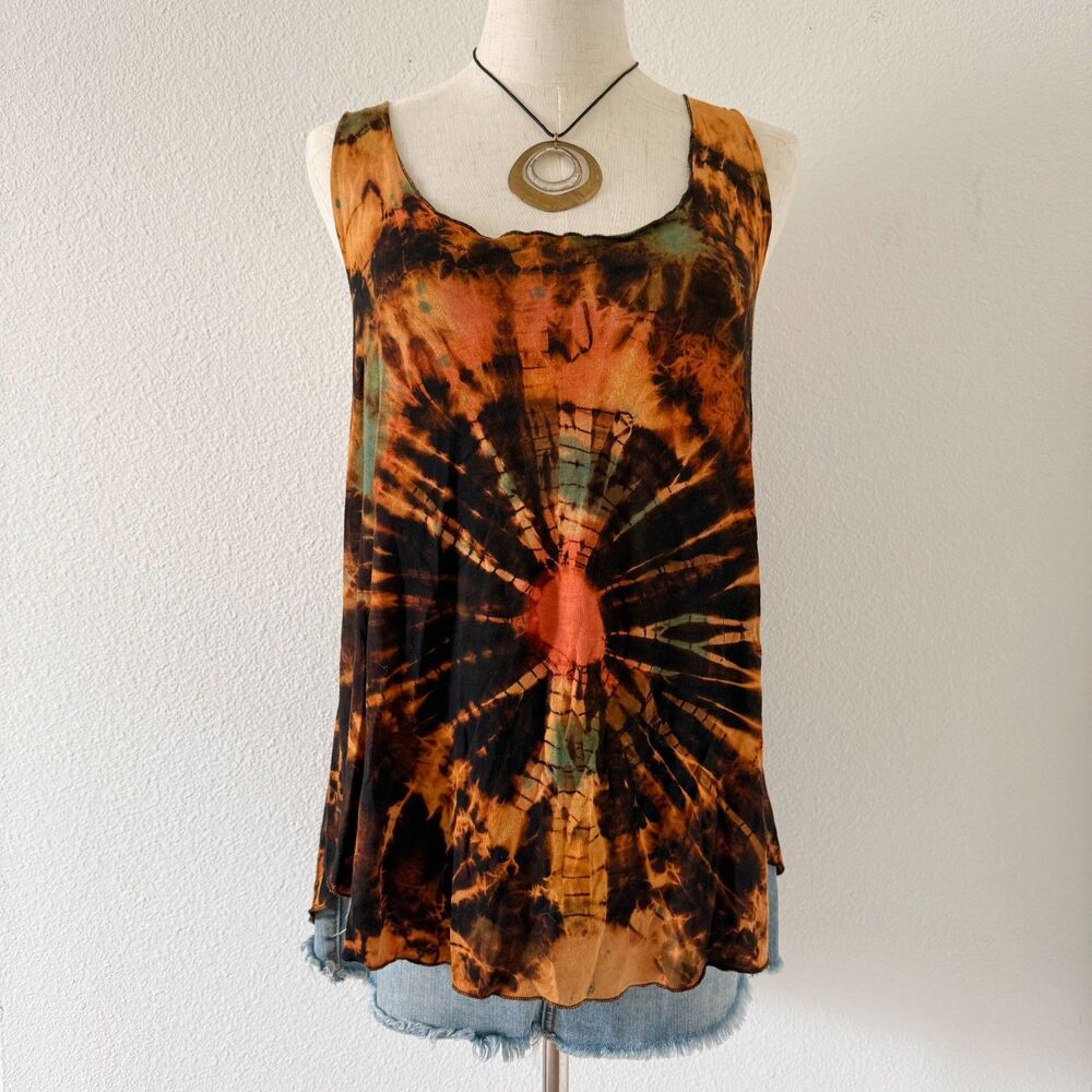 Rising International Tie Dye Cotton Tank Top Orange/Black Boho Whimsy Fairy M/L